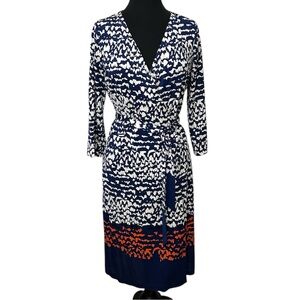 Diane Von Furstenberg navy‎ blue, orange, white graphic wrap 100% silk dress.